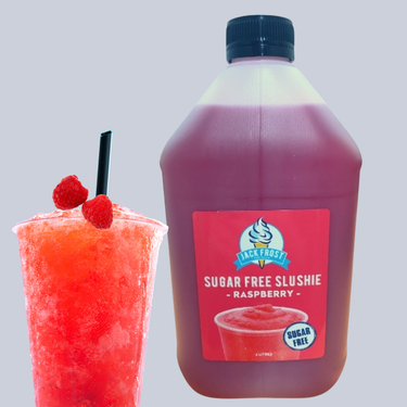 Bottle of Jack Frost Sugar Free Raspberry Slushie next to a glass of slushie on a gray background